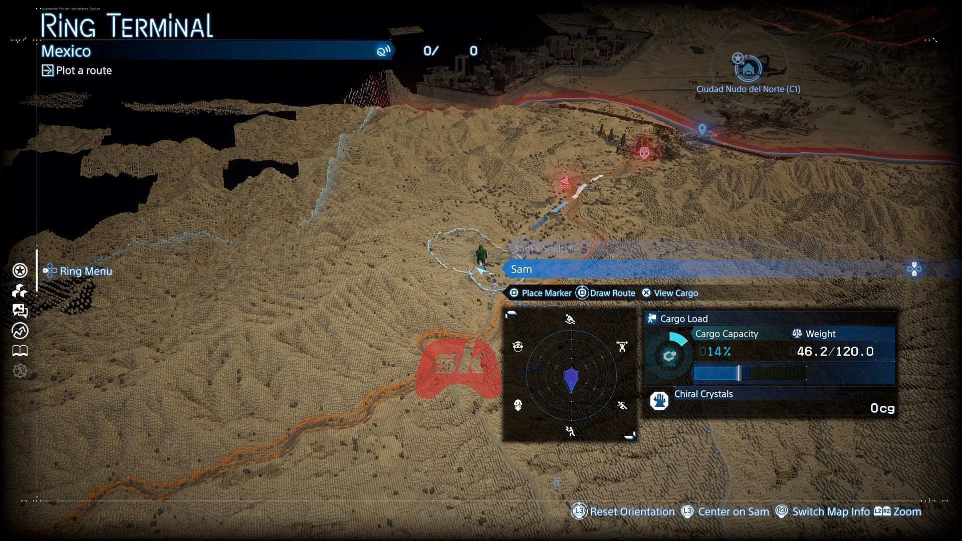 You’ll see a warning sign, such as "Deep River Ahead." From there, you can draw a route or place a marker to plan your path safely (Image via Sportskeeda Gaming / Sony Interactive Entertainment)